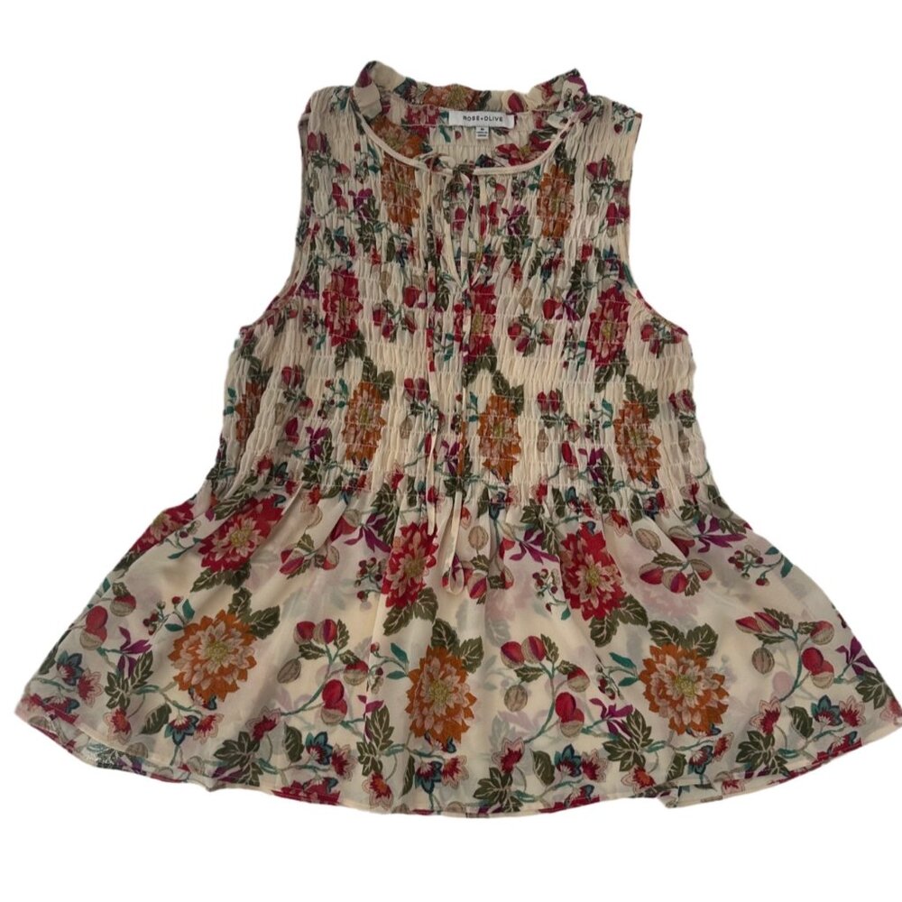 Rose & Olive Smocked Floral Smocked Sleeveless Blouse Size M - Picture 5 of 7